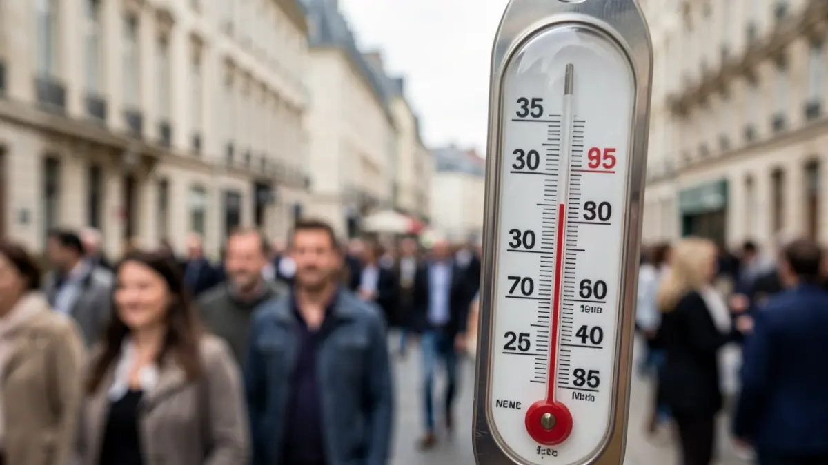 Close-up image of a thermometer indicating high temperature, with blurred city buildings in the background.
