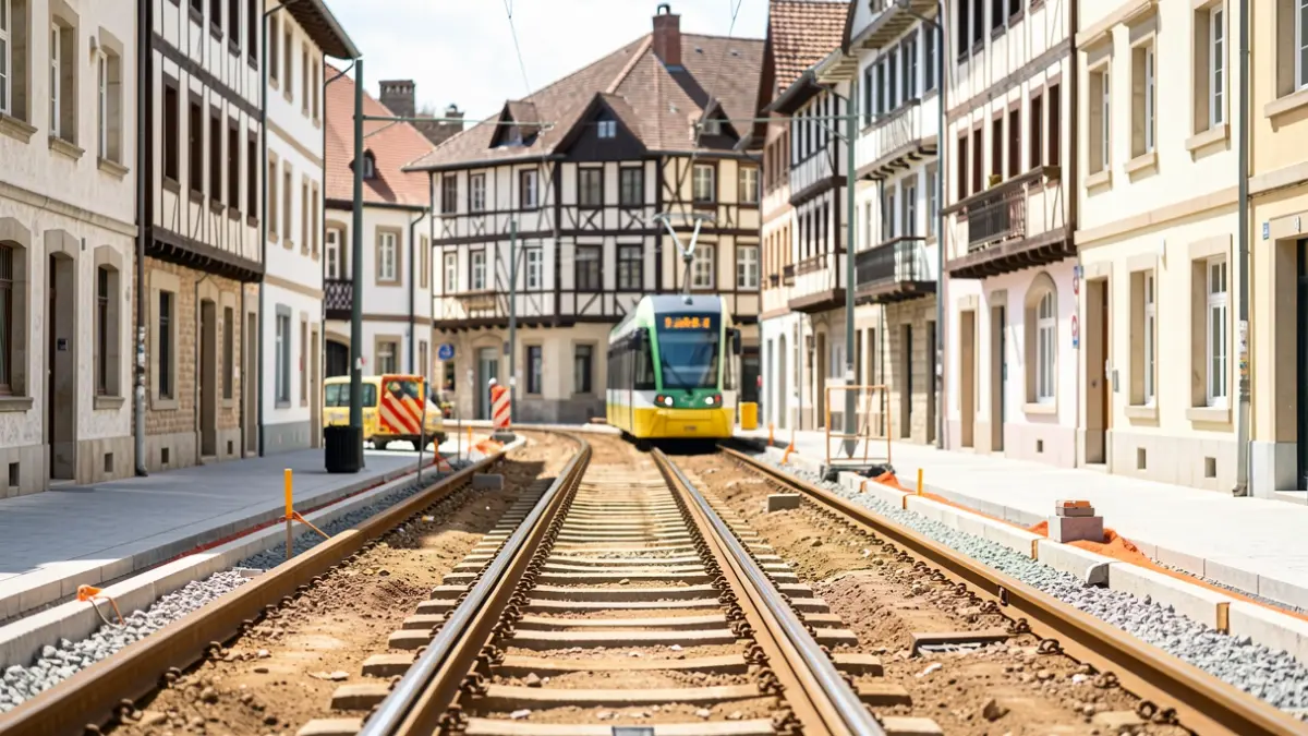 Vías de tranvía en construcción en un barrio de Vitoria-Gasteiz, con arquitectura vasca tradicional al fondo.