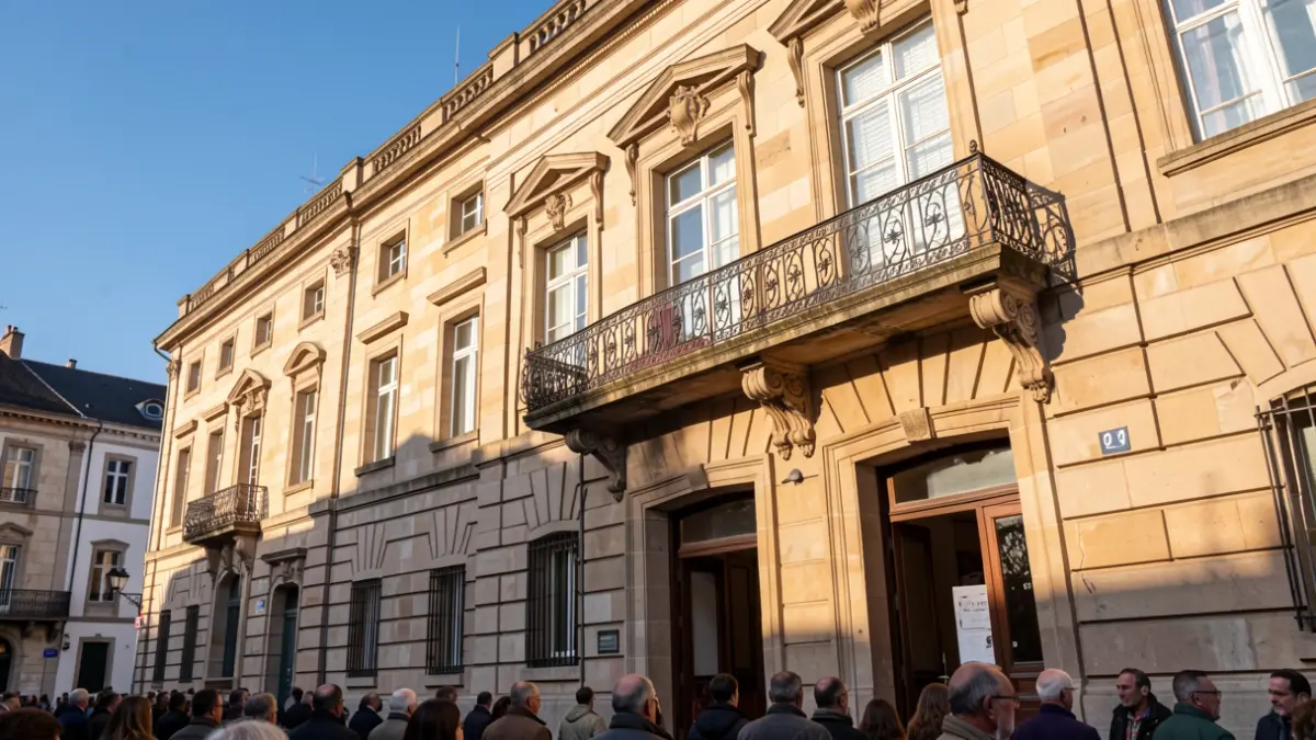 Generic image: Stone facade of a Euskadi town hall with ornate balcony and iron railings, warm afternoon sunlight casting shadows on the sandstone walls, blue sky.