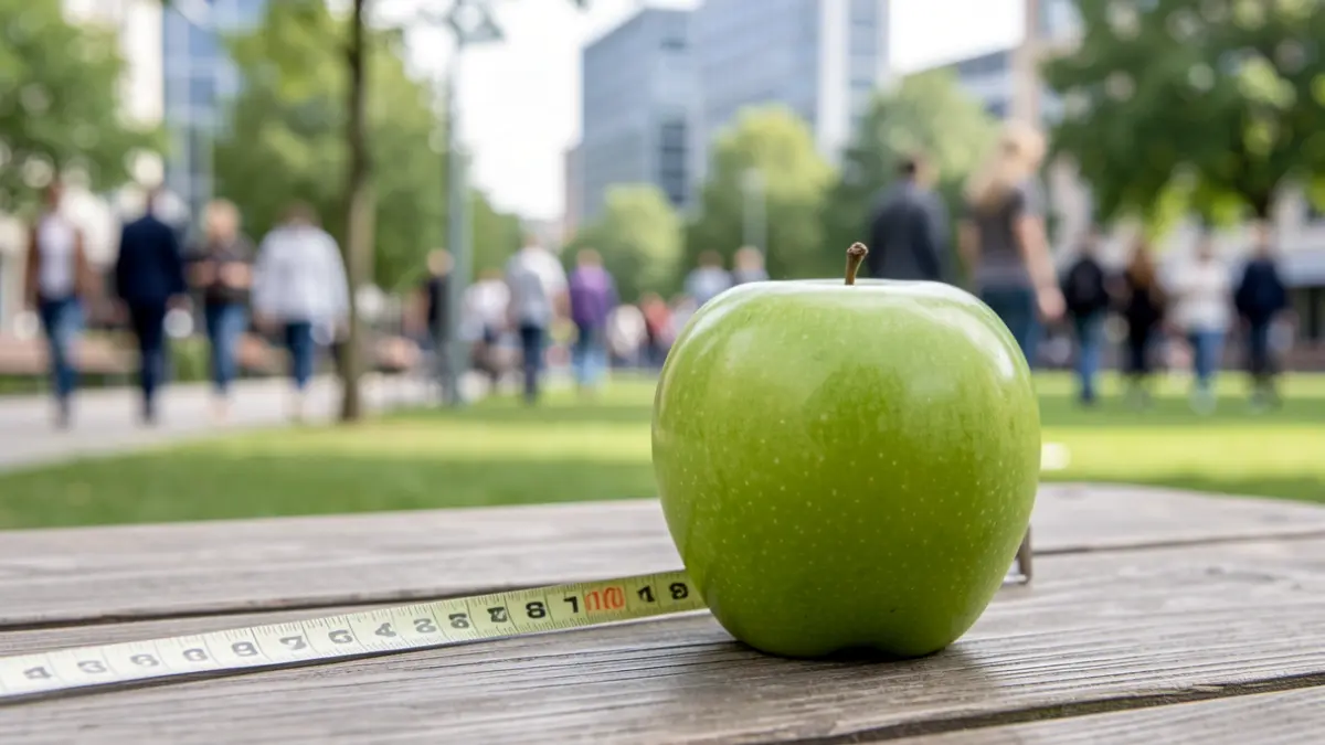 Green apple and measuring tape on a table, representing healthy lifestyle habits.