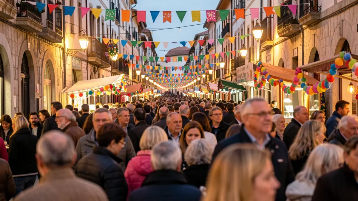 Imagen genérica: Una escena callejera vibrante de Vitoria-Gasteiz durante las fiestas de 'La Blanca', con multitudes borrosas, decoraciones coloridas y luces cálidas de tarde.