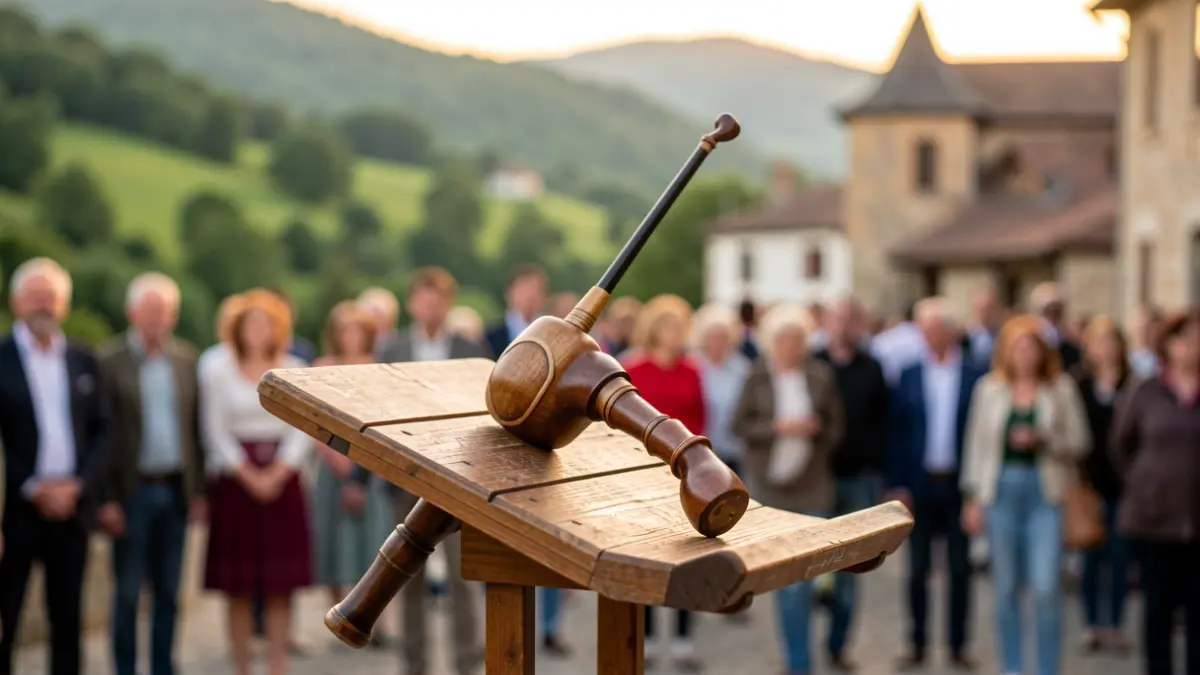 A traditional txistu instrument on a wooden music stand, with a blurred Basque landscape in the background.