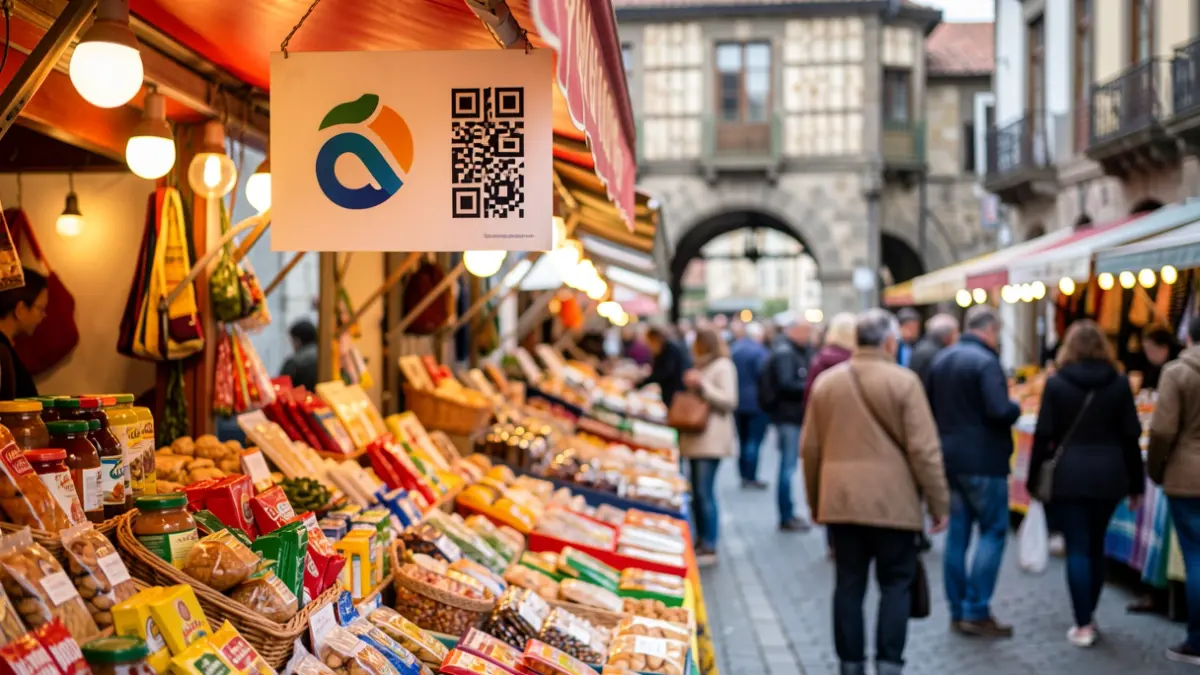 Imagen genérica de un puesto de mercado con un bullicioso mercado callejero de Vitoria-Gasteiz al fondo.