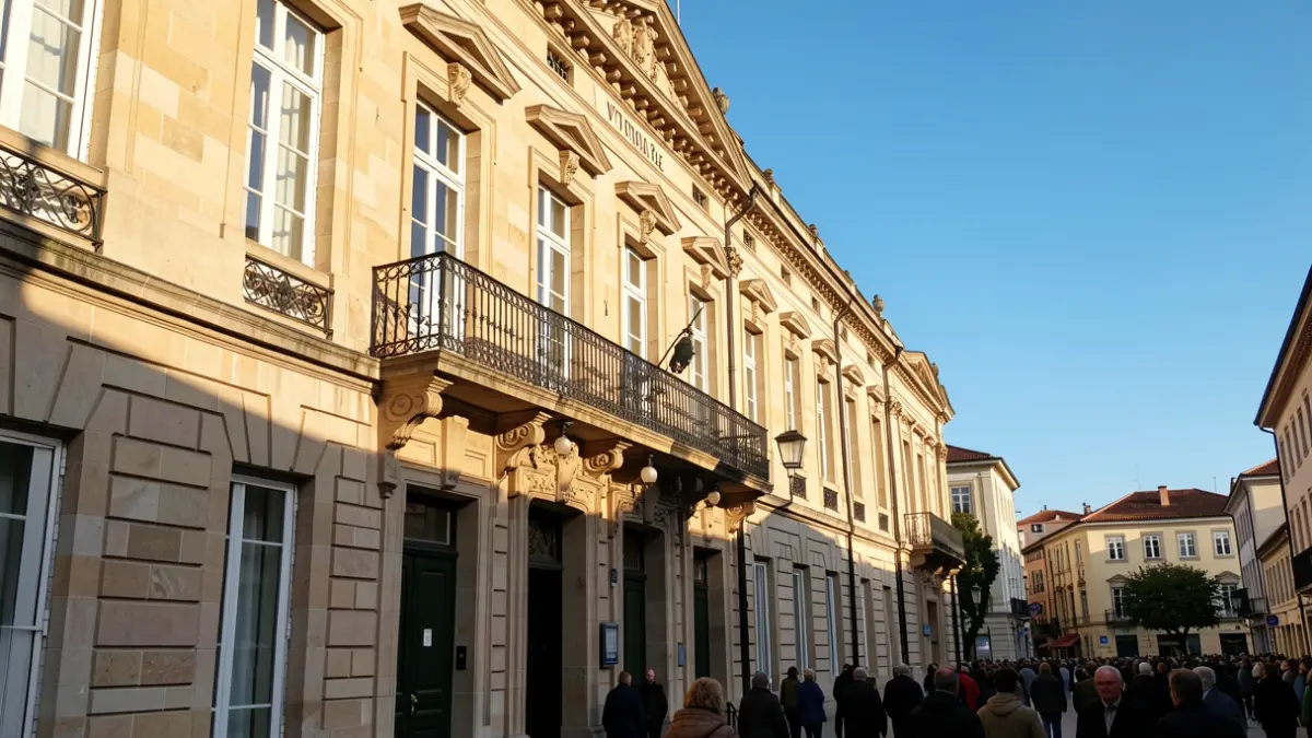 Imagen genérica: Fachada del Ayuntamiento de Vitoria-Gasteiz de piedra con balcón y barandillas de hierro, bañada por la cálida luz del sol de la tarde que proyecta sombras sobre los muros de arenisca, cielo azul.