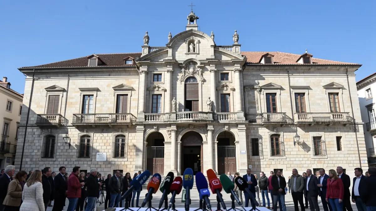 Irudi generikoa: Vitoria-Gasteizko Udaletxearen fatxada harrizkoa, balkoi eta leiho historikoekin, eguzki argitan.