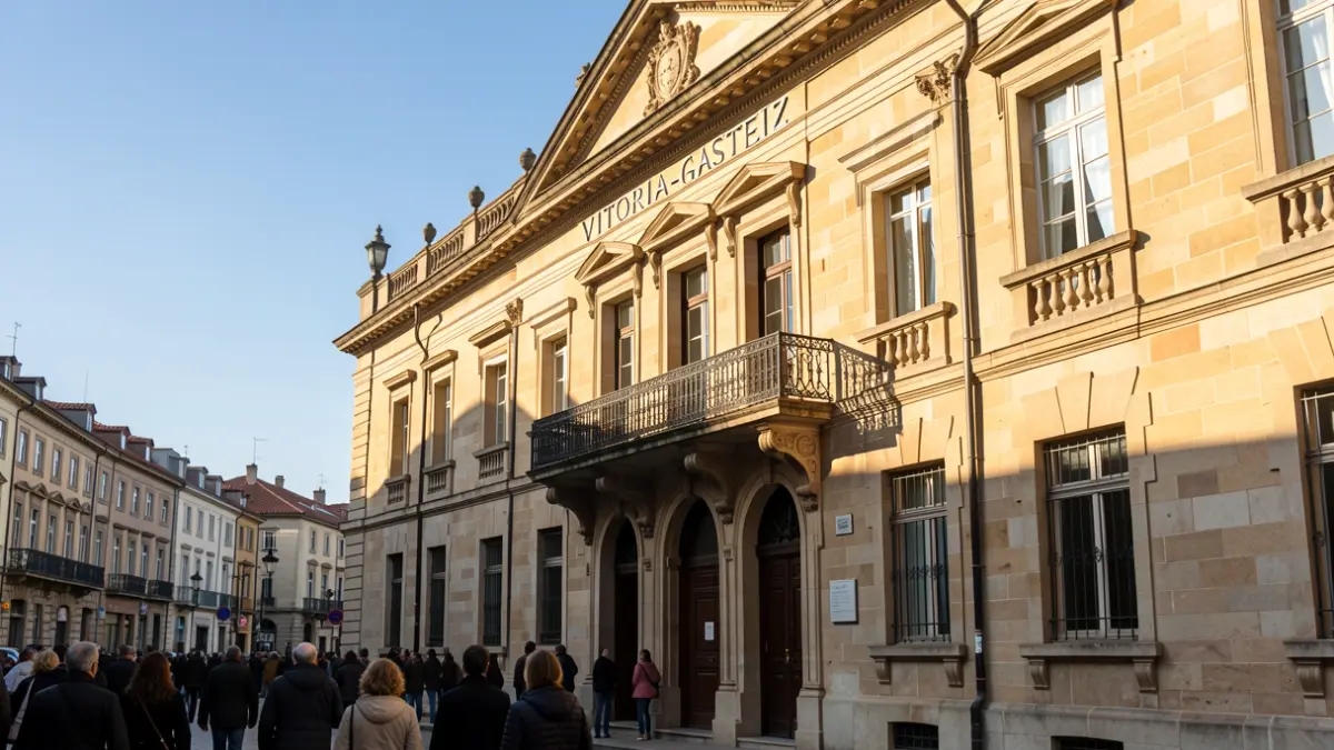 Generic image: Stone facade of the Vitoria-Gasteiz Town Hall with balcony and iron railings, warm afternoon light casting shadows, blue sky.