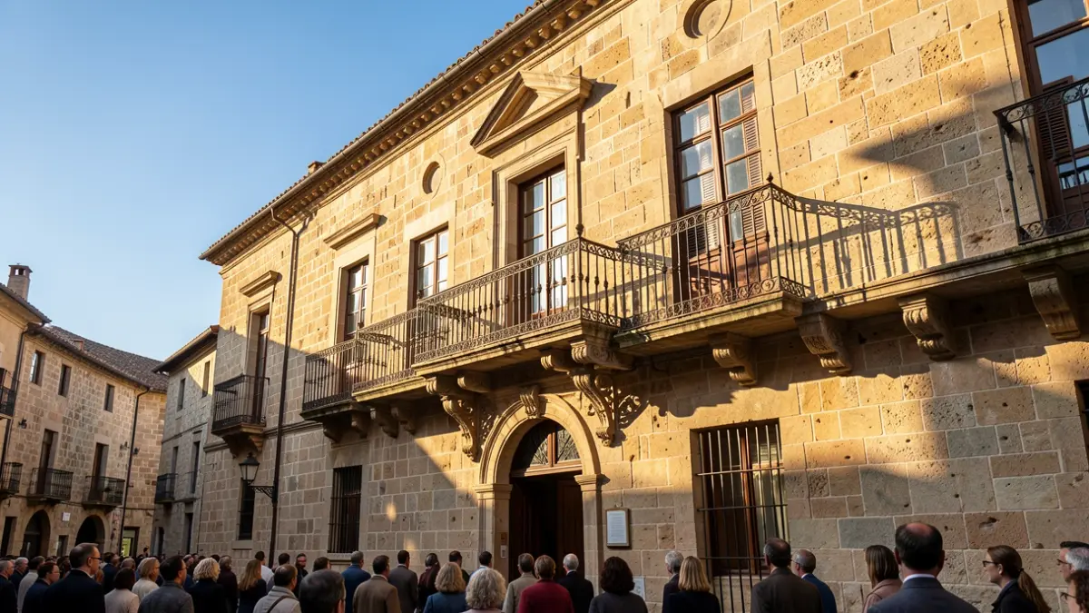 Facade of the Urretxu town hall with a balcony and iron elements under sunlight.