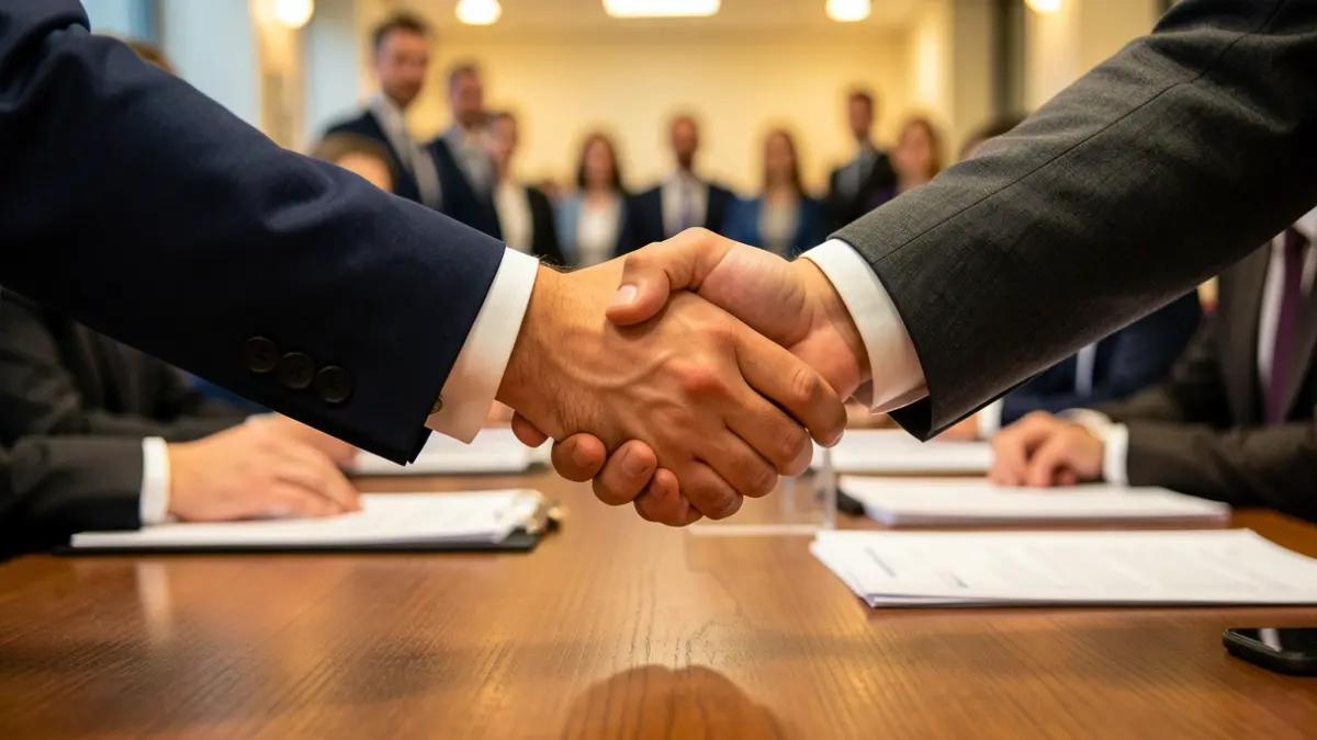 Dos personas cerrando un acuerdo de negocios sobre una mesa de oficina.