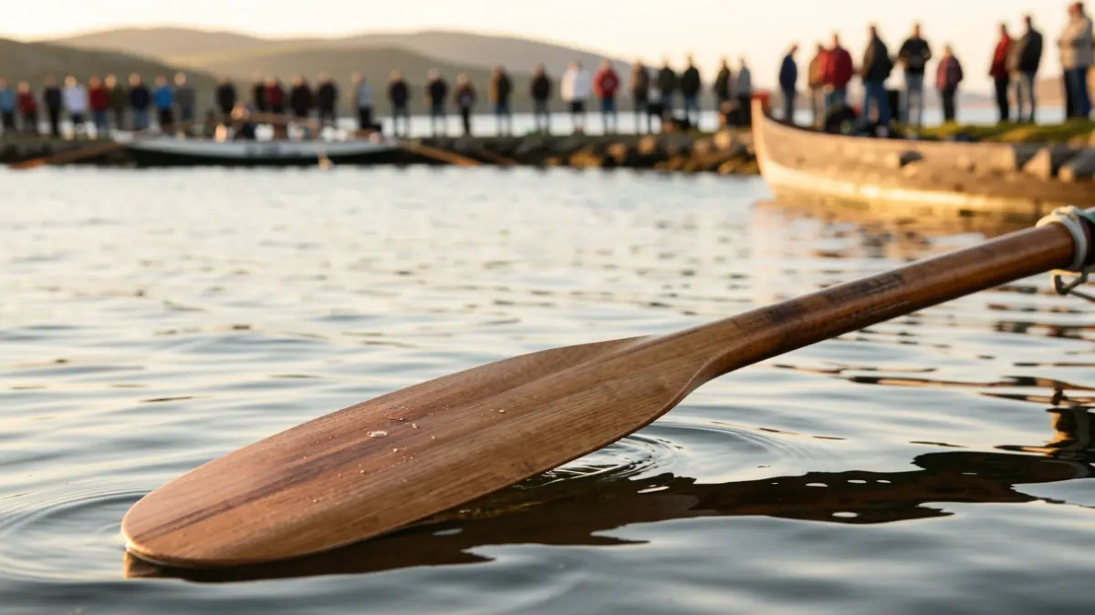 Detail of a rowing oar in the water, in the context of a regatta.