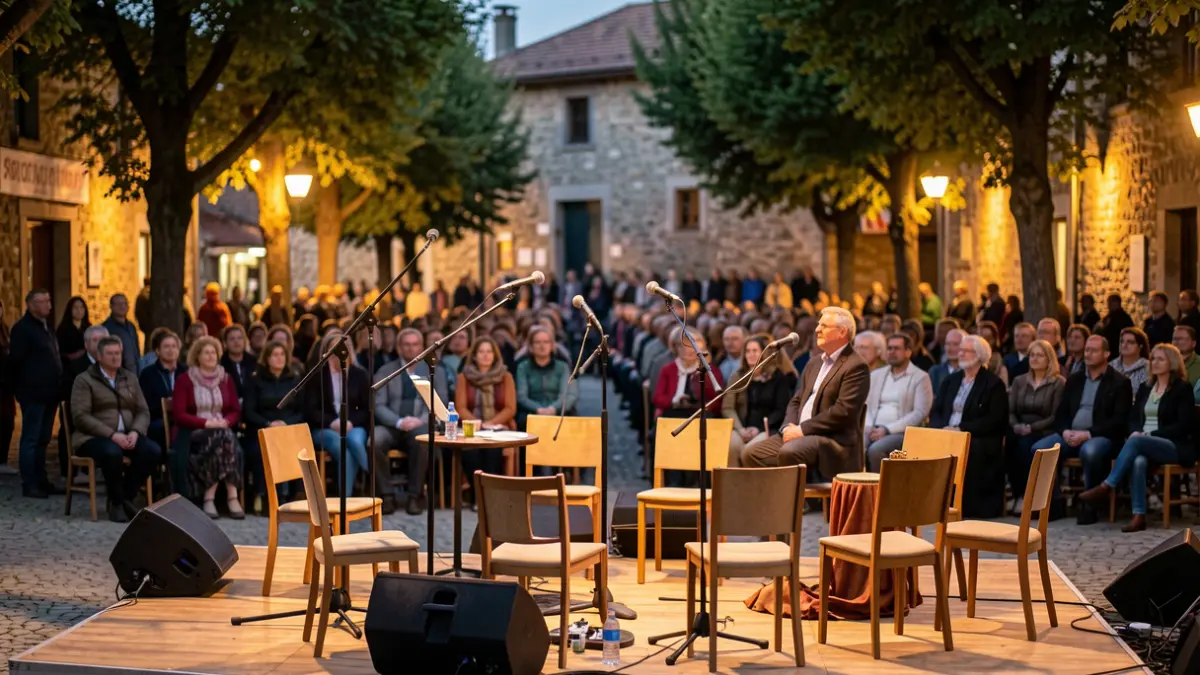 Imagen de un escenario preparado para un evento de bertso, con iluminación nocturna.