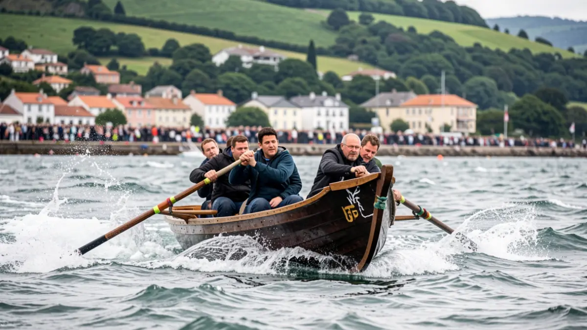 A rowing boat from the Zumaia team in competition on the water.