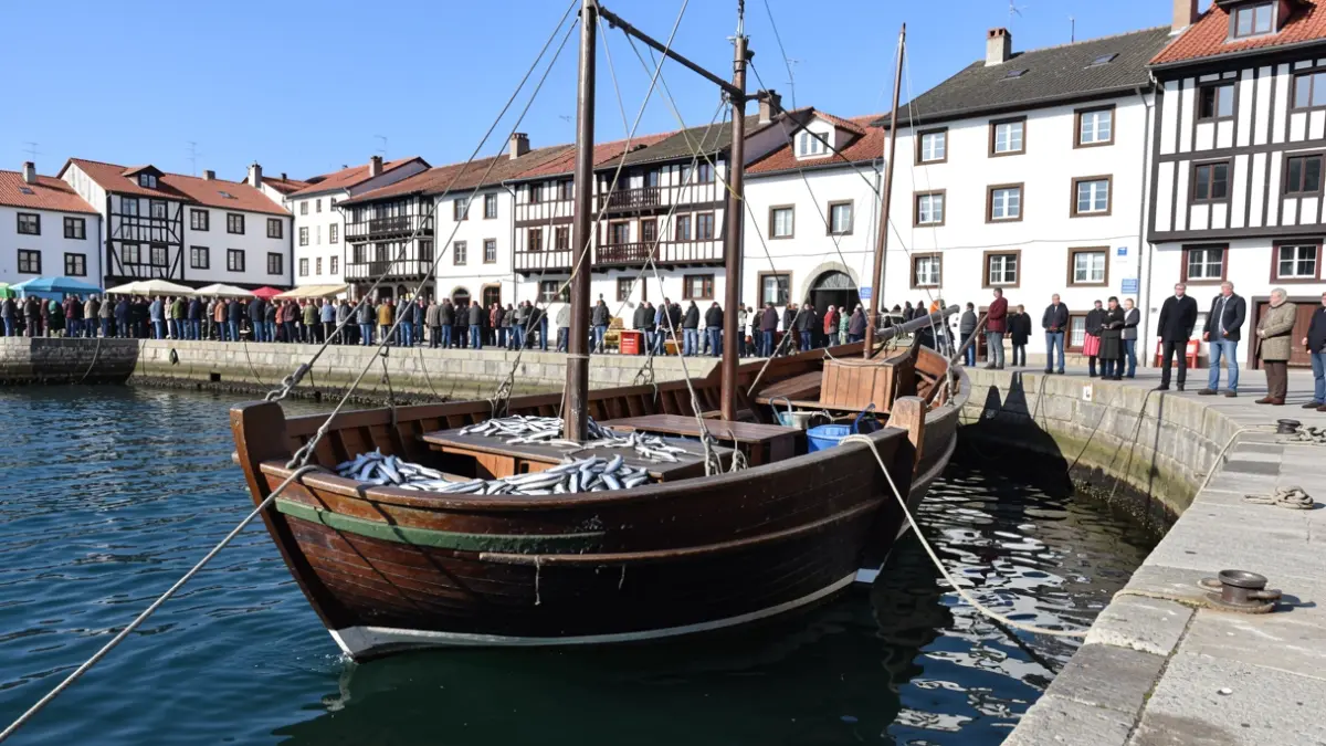 Un barco tradicional llega al puerto con sardinas.