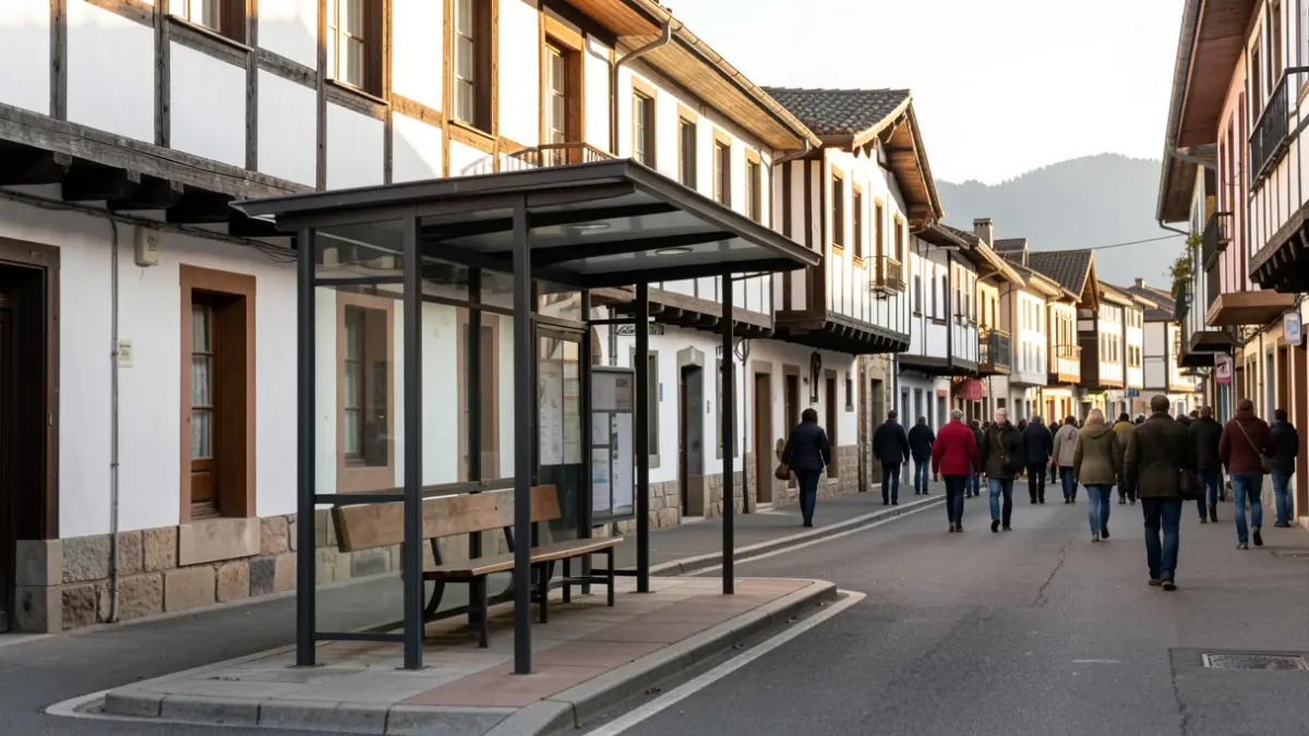 Irudi generikoa da autobus geraleku huts batena, arkitektura tradizionalarekin.