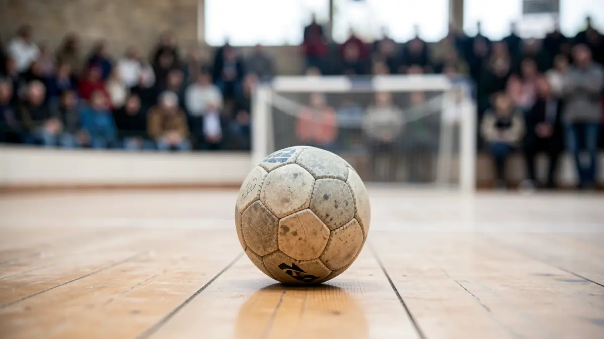 A ball on the wooden floor of a fronton court.