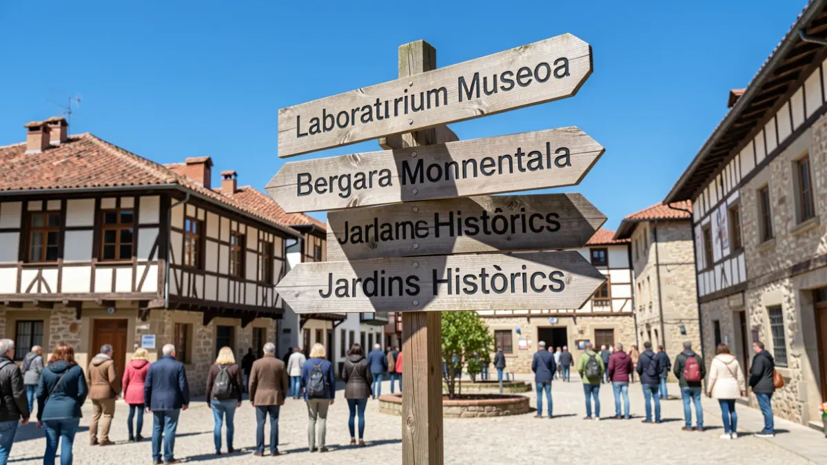 A signpost in a Basque village square pointing to different historical sites like 'Laboratorium Museoa', 'Bergara Monumentala', and 'Jardins Històrics', with traditional Basque architecture in the background under a clear blue sky.