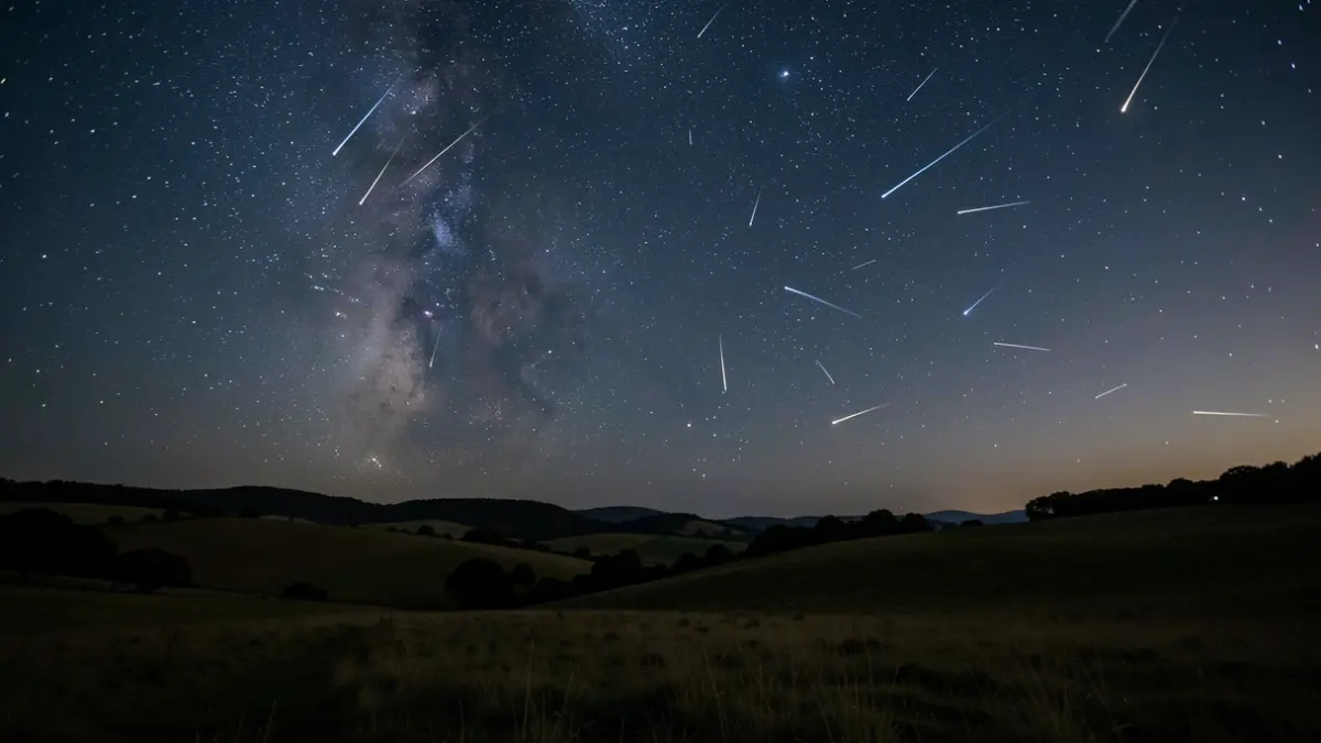 Clear night sky showing shooting stars and the Milky Way over a dark natural landscape.