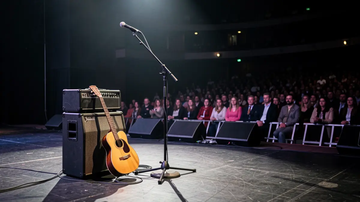 Un escenario de concierto vacío y tenuemente iluminado en Bilbao, con una guitarra apoyada contra un amplificador.