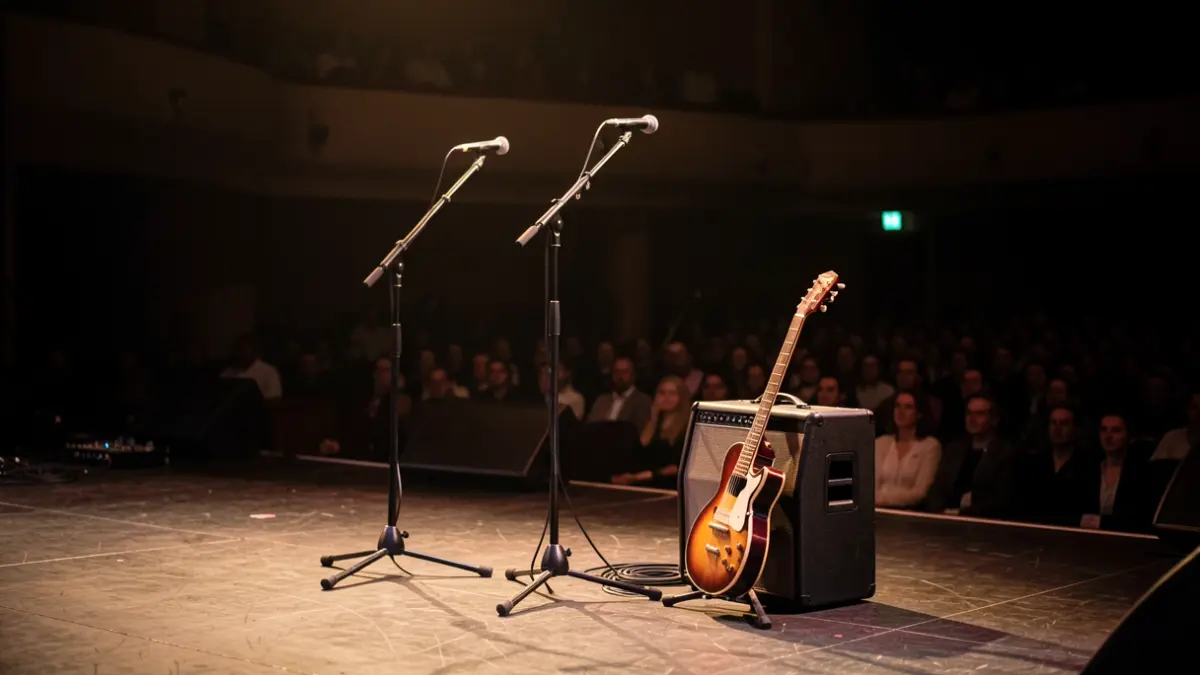 An illuminated empty stage with a guitar and amplifier at Jimmy Jazz hall, Vitoria-Gasteiz.