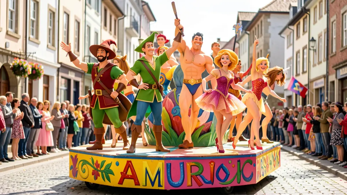 Carrozas llenando las calles de Amurrio de color e imaginación, con un ambiente festivo relacionado con las fiestas.