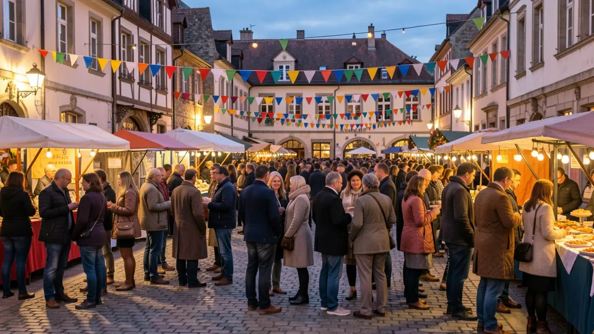 Generic image of a festive town square with people and stalls.