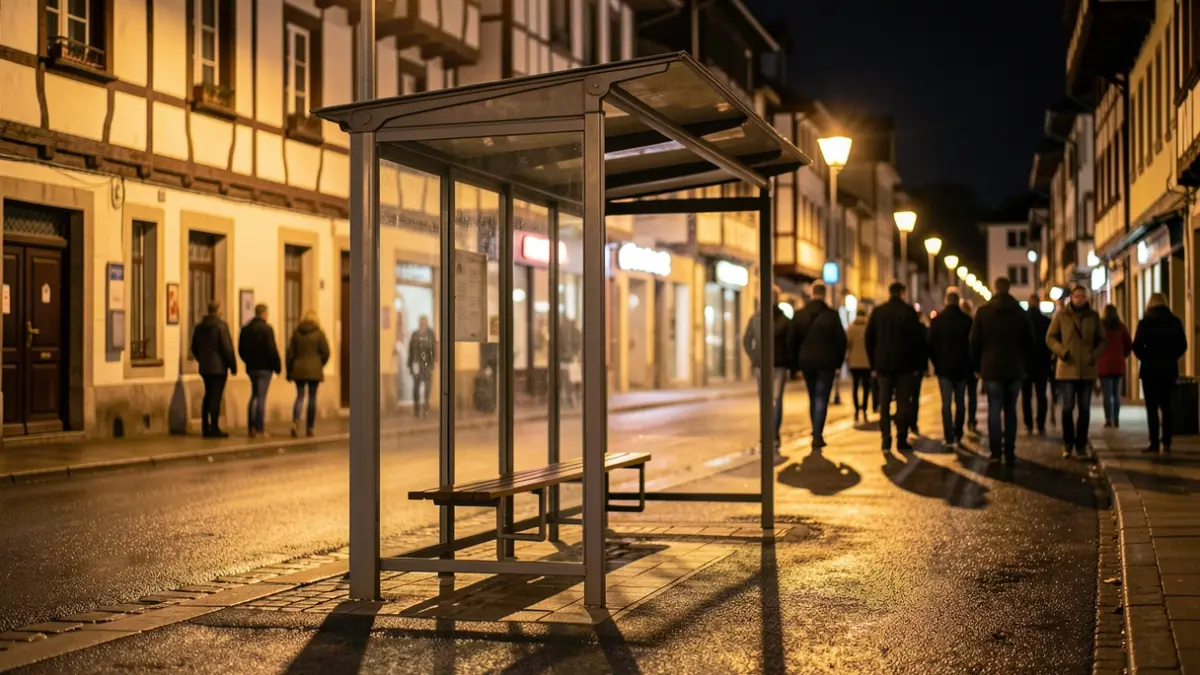 Empty bus stop shelter at night in a Basque town, warm streetlights casting long shadows on wet pavement, blurred building facades with traditional Basque architecture.