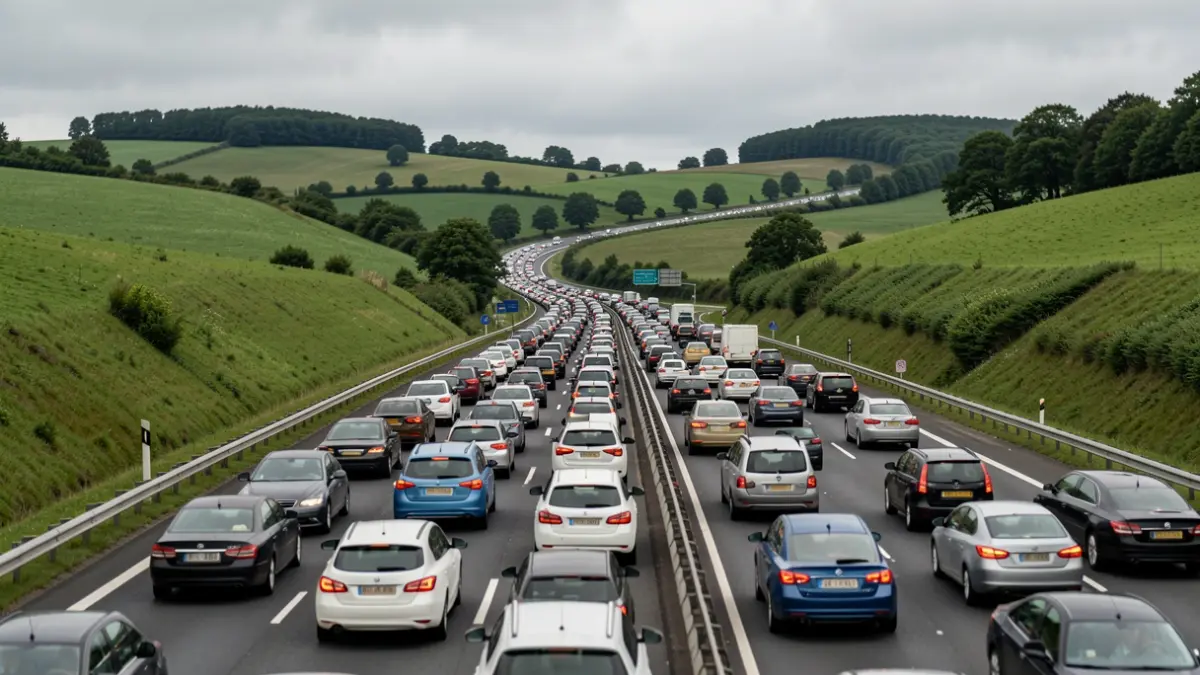 Generic image: Long traffic jams on the AP-8 highway, with the green landscape of the Basque Country.
