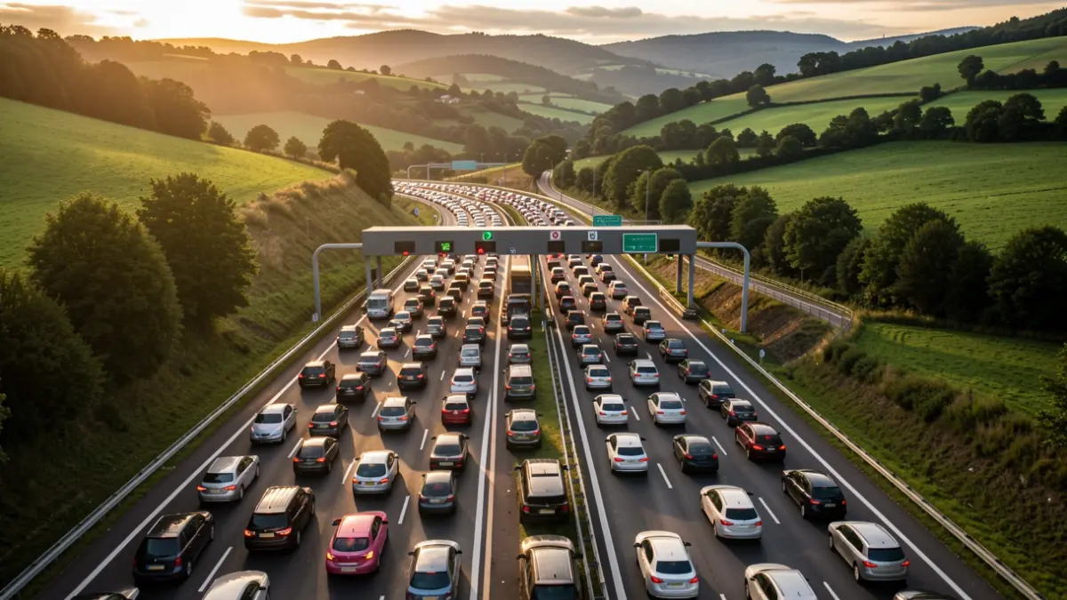 Generic image of a congested highway in the Basque Country, with long lines of cars heading towards a toll booth.