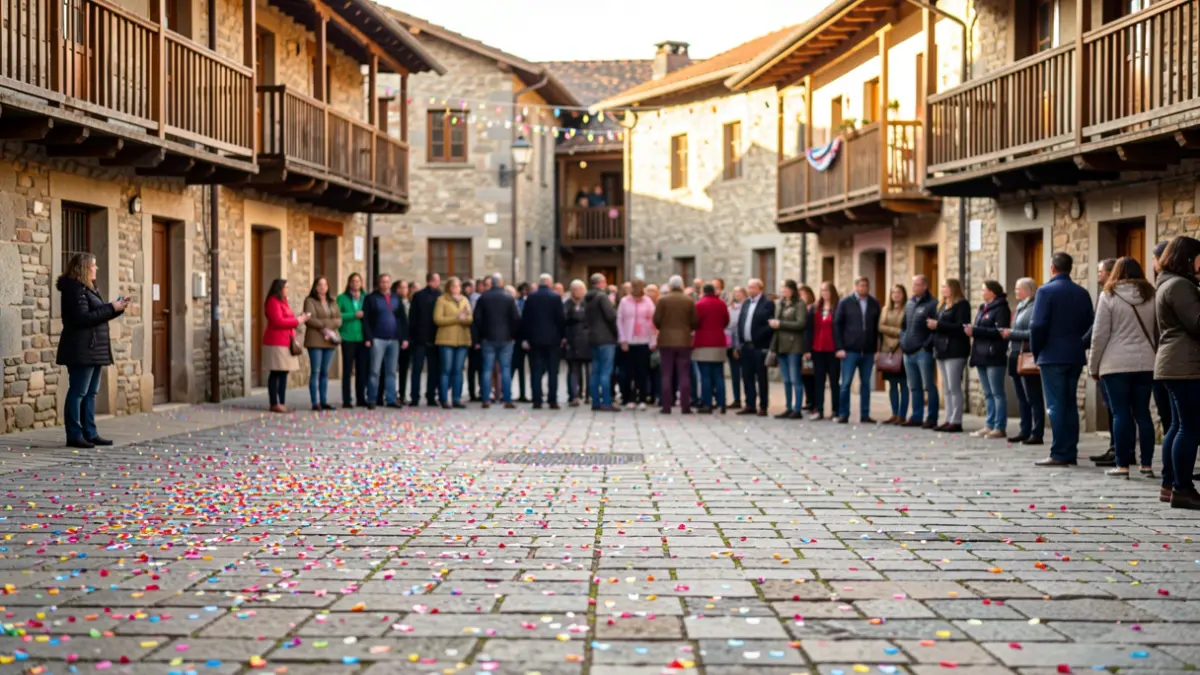 Ambiente festivo en la plaza de un pueblo durante las fiestas locales.
