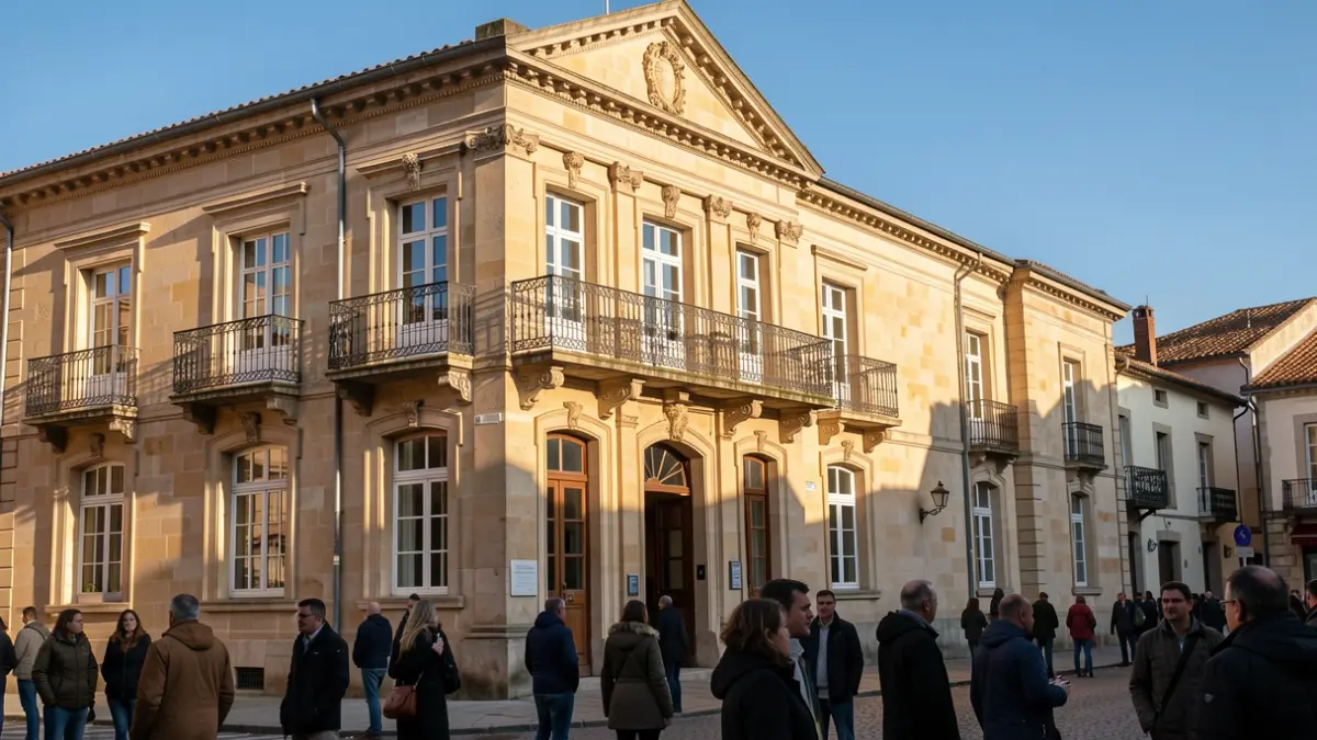 View of the Arrasate town hall facade with ornate balconies and iron railings, bathed in the warm light of late afternoon sun, casting shadows on the sandstone walls. Blue sky above. Documentary photography style.
