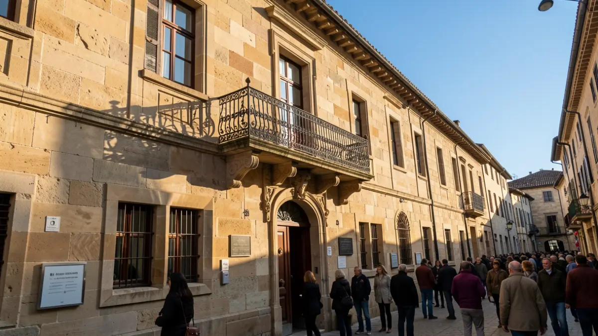 Imagen genérica: Fachada de piedra del ayuntamiento de Arrigorriaga con balcón y barandillas ornamentadas, cálida luz de tarde.