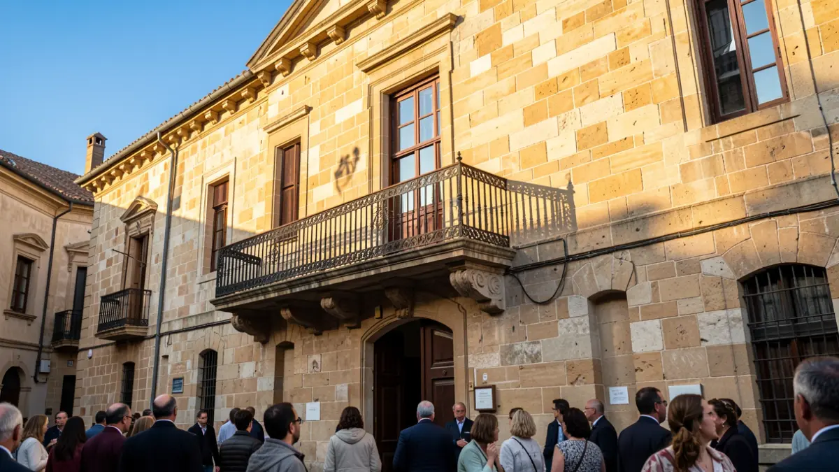 Generic image: Stone facade of Arrigorriaga town hall with balcony and iron railings, warm afternoon sunlight.