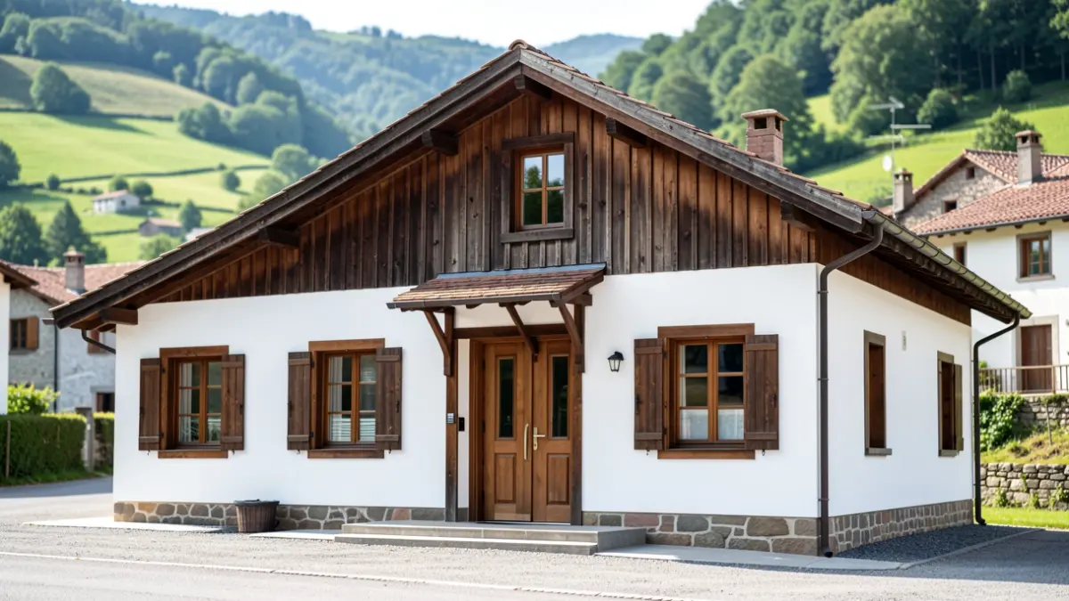 Generic image: Facade of a renovated cultural center in a Basque village, featuring white walls and dark wood accents, with green hills and traditional architecture.