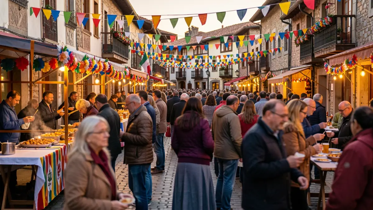 Generic image: Festive street scene in a Basque town with colorful decorations and people enjoying themselves.