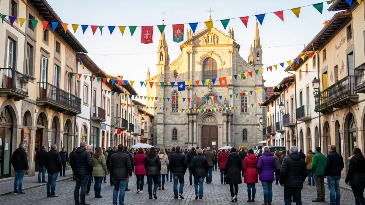 Imagen genérica: Plaza de Azkoitia decorada para las fiestas, con pancartas y adornos colgados entre edificios. Al fondo se ve una gran iglesia. Luz de media tarde.