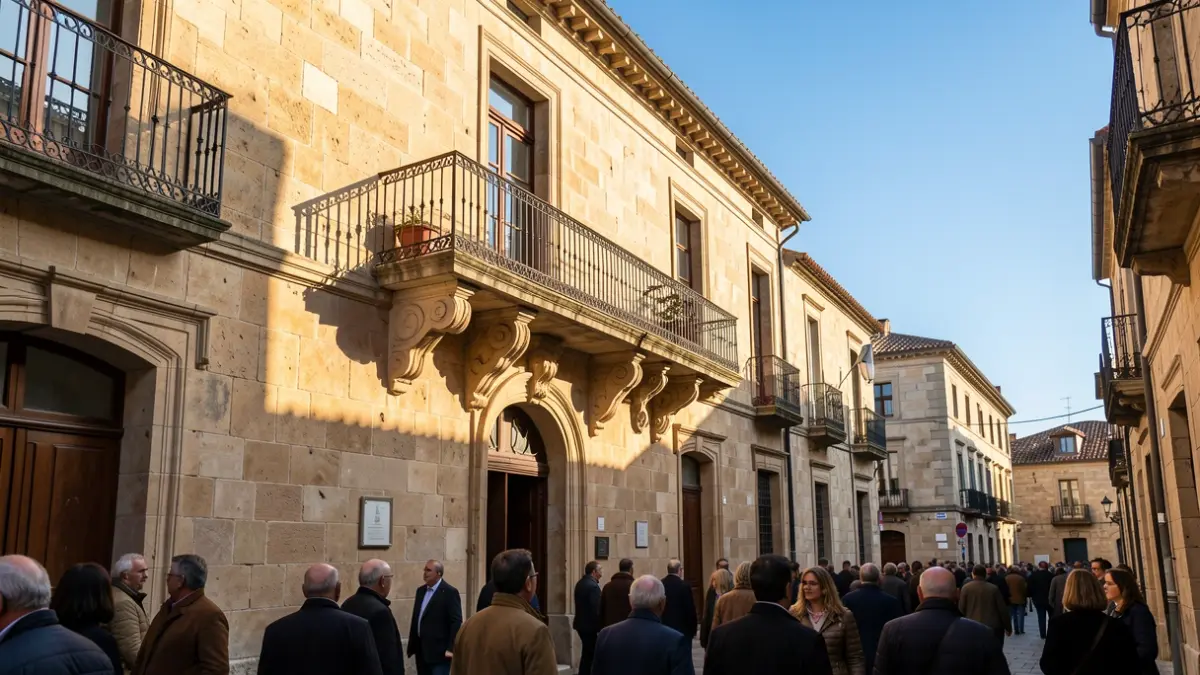 Generic image: Stone facade of Azkoitia Town Hall with balcony and iron railings, warm afternoon sunlight.
