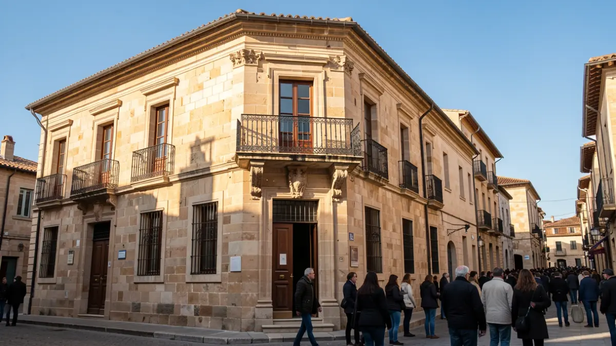 Fachada de piedra de un ayuntamiento tradicional con balcón y barandillas de hierro, luz cálida de la tarde proyectando sombras.