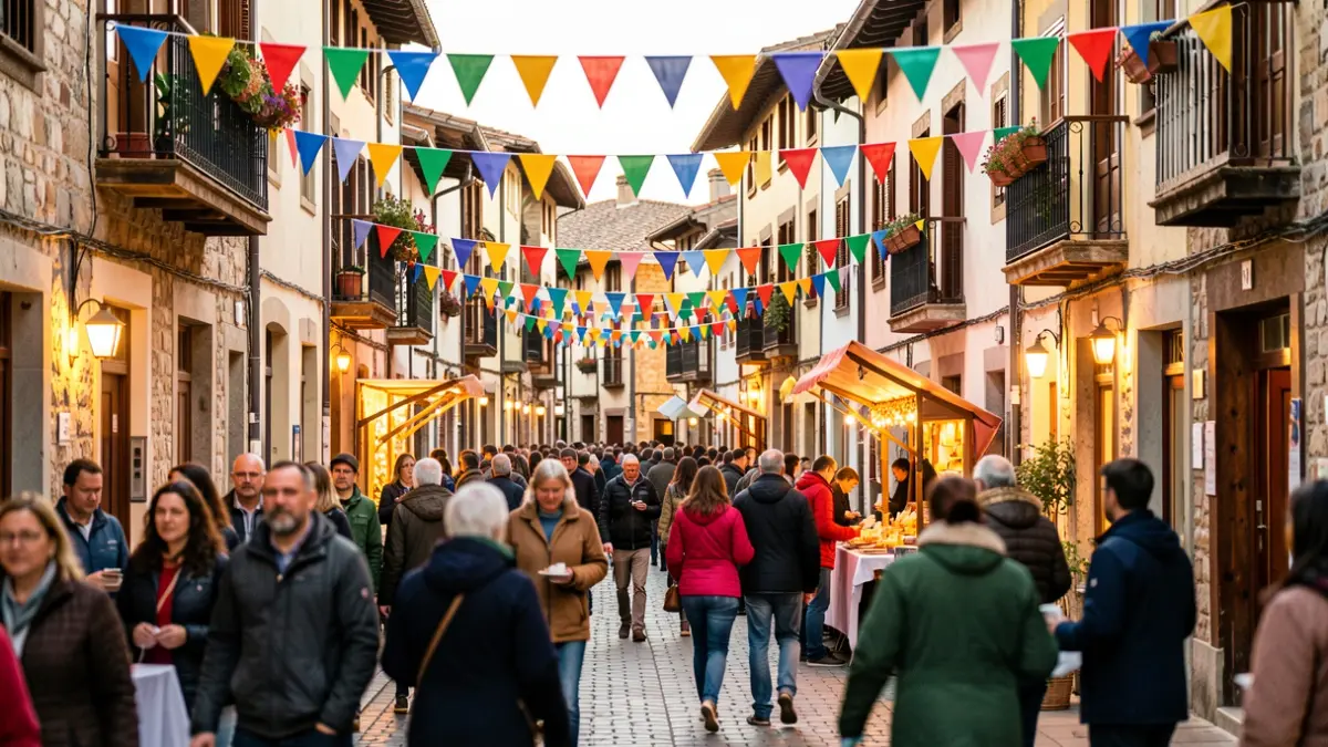 Generic image: Festive street scene in a Basque town with colorful banners and blurred figures of people.
