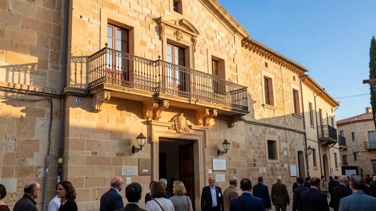 Imagen genérica: fachada de ayuntamiento de piedra con balcón y barandillas de hierro, sol de tarde proyectando sombras.