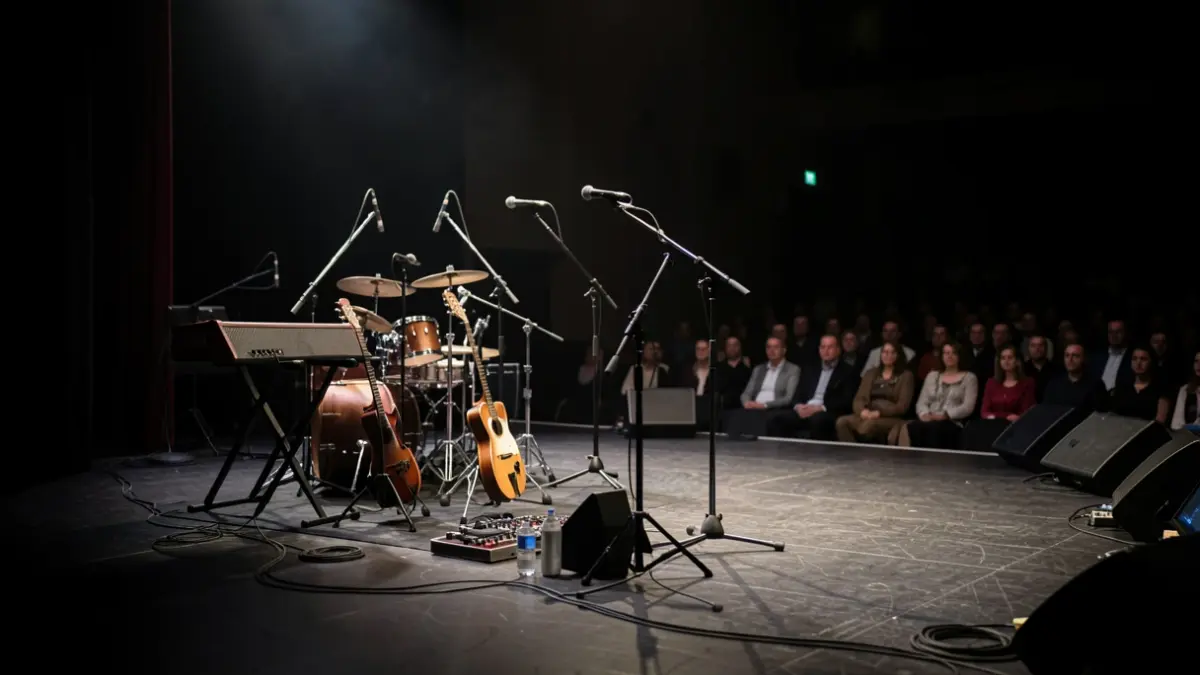Imagen de un escenario vacío con instrumentos musicales.
