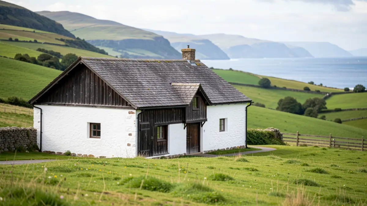 A traditional Basque farmhouse with white walls and dark wood, set against green hills and the Cantabrian coast.