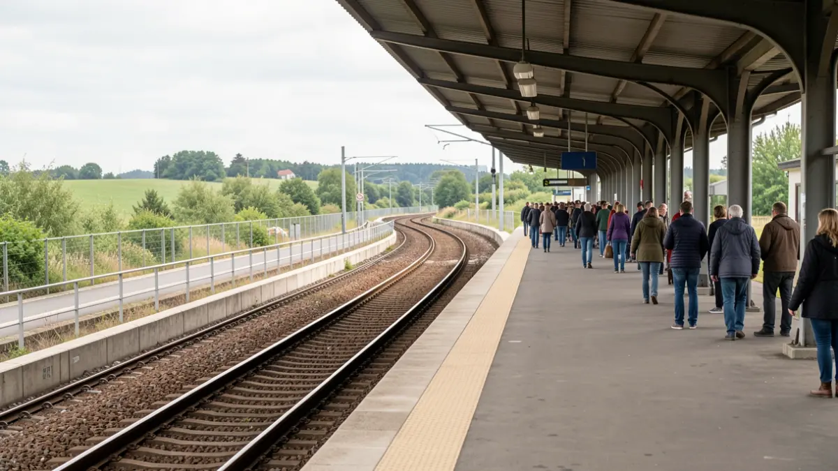 Empty train platform with steel tracks curving into the distance under a station canopy, soft daylight, no train or text visible.