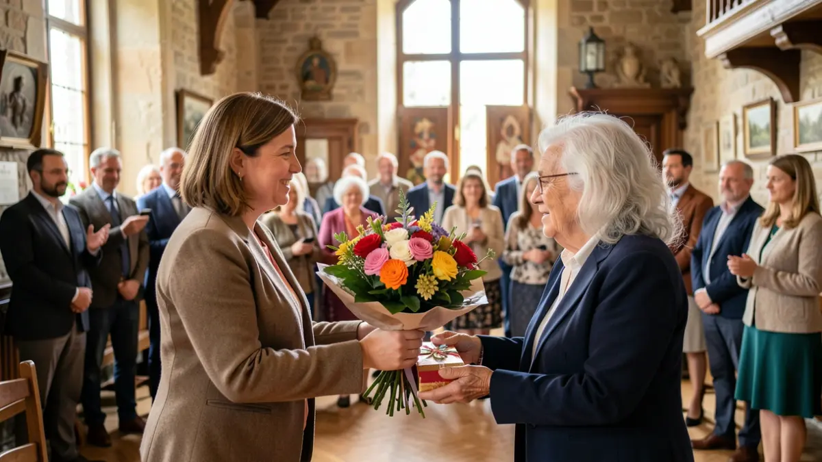 Generic image: Two council members present a bouquet of flowers and a commemorative gift to an elderly woman in a celebratory setting.