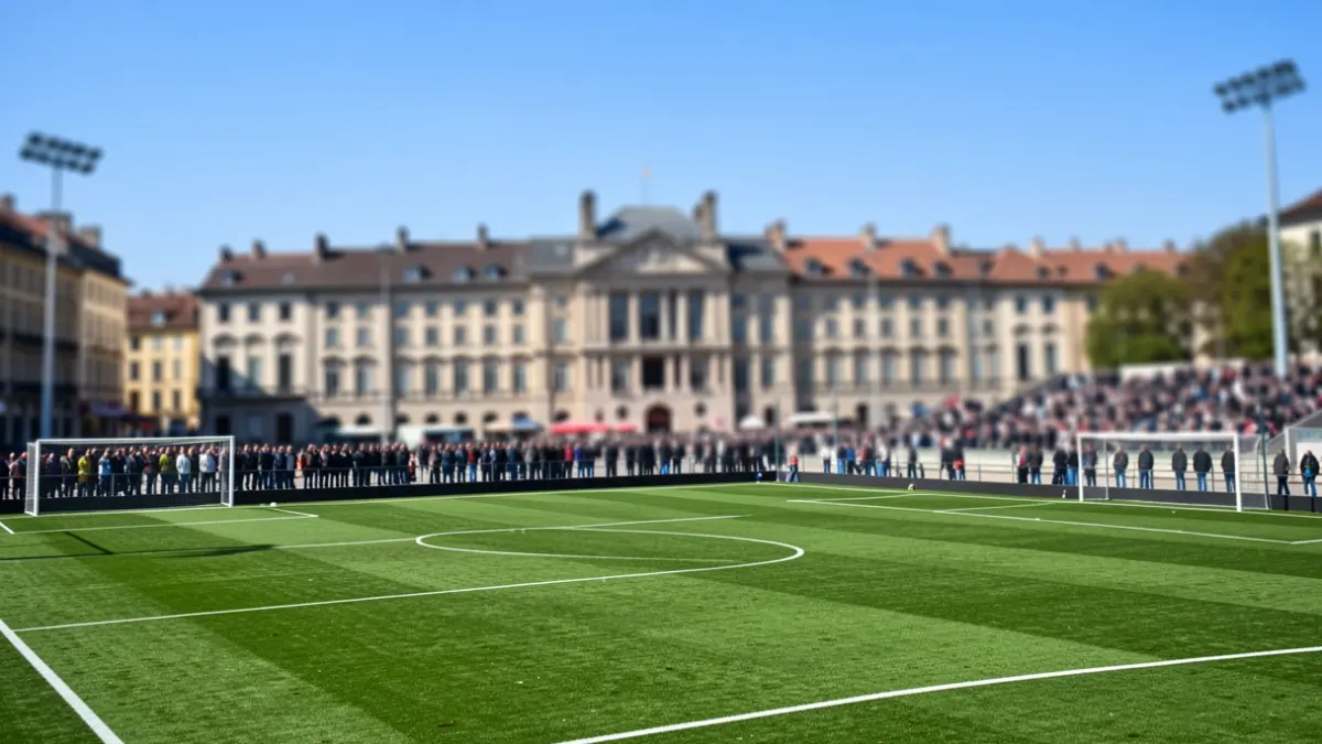 Generic image of a football pitch and a blurred town hall facade under the sun.
