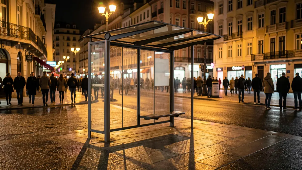 Generic image: An empty bus stop in San Sebastian at night, with warm streetlight illumination.