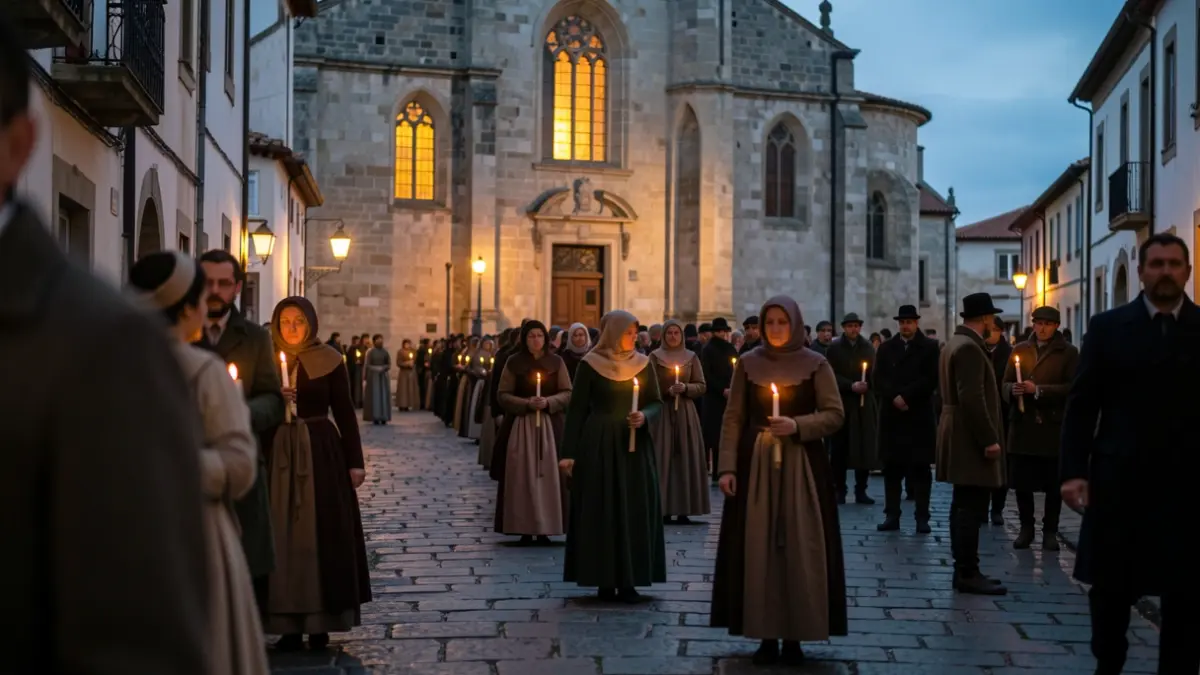 Una solemne escena de conmemoración en Donostia, con figuras borrosas en procesión a la luz de las velas.