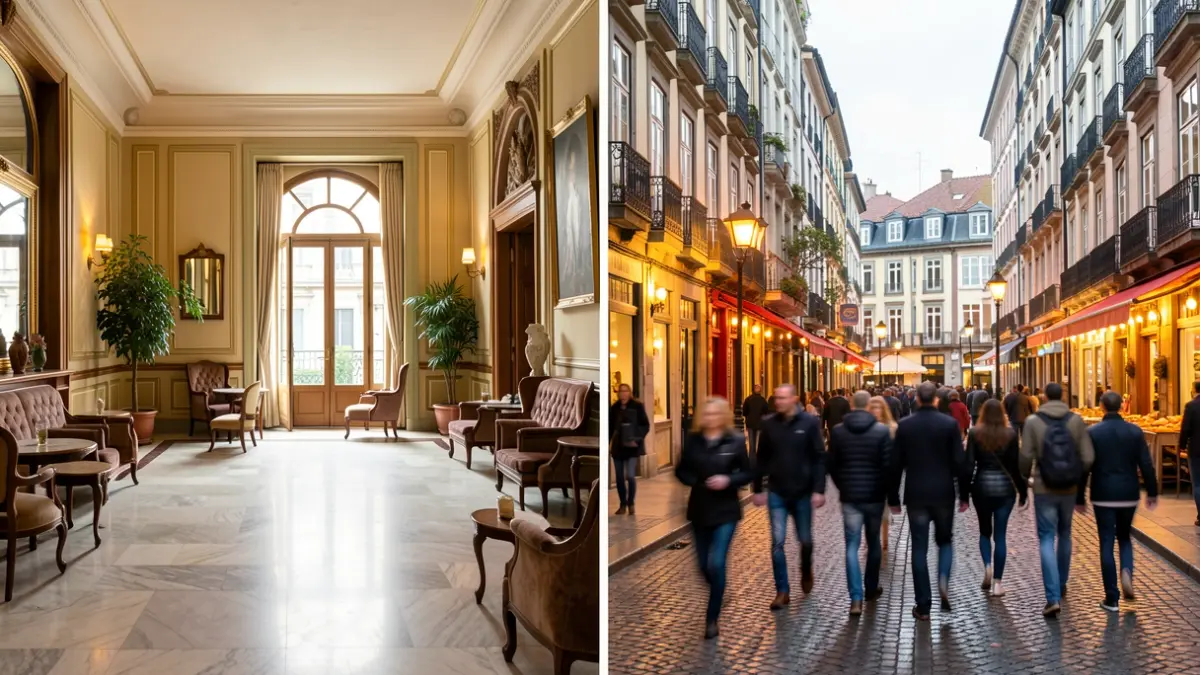 Irudi generiko bat Donostiako hotel baten lobby hutsa eta beste euskal hiri bateko kale-eszenatoki bizi bat erakusten dituena, turismo joera kontrasteak adierazteko.