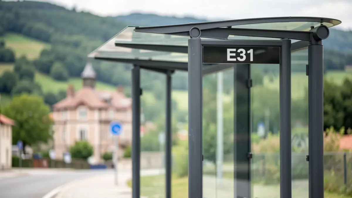 A modern bus stop shelter with the E31 route sign, set against a Basque landscape.