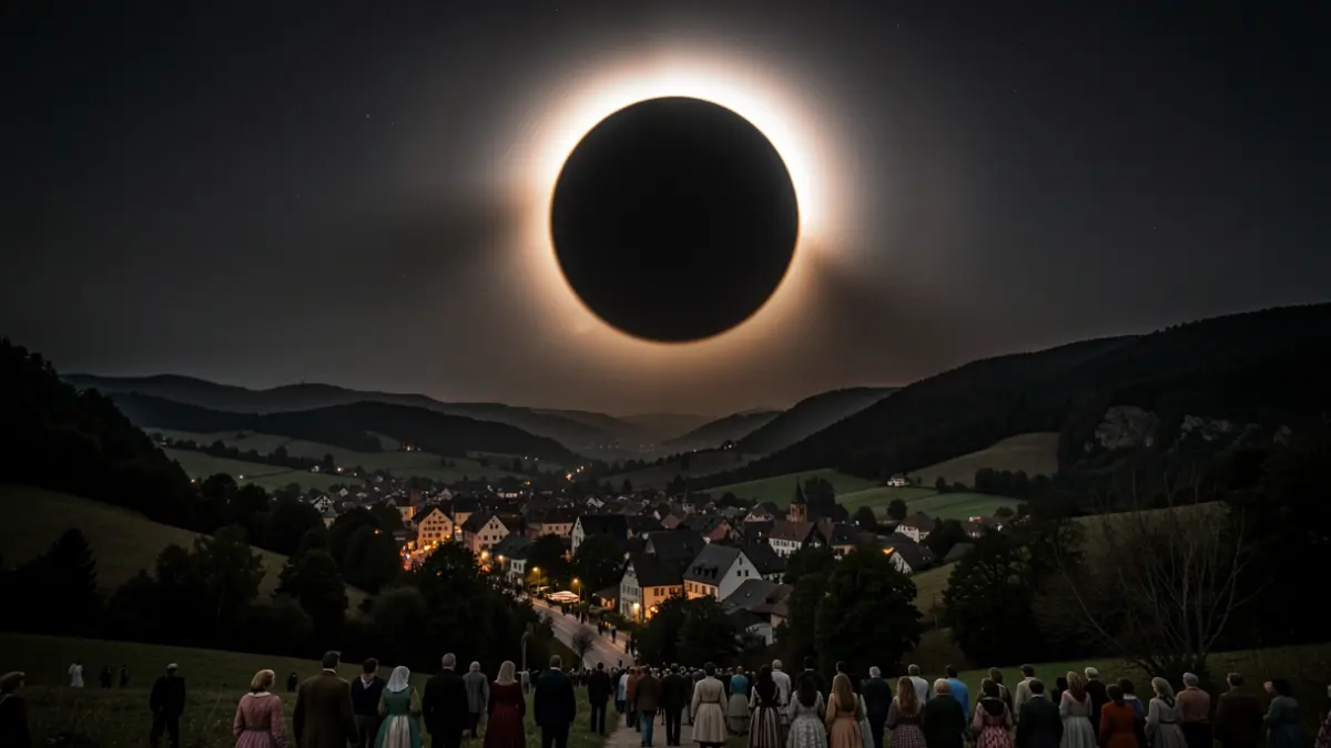 Momento dramático de un eclipse total de sol, con la luna cubriendo completamente el astro rey, paisaje oscurecido.