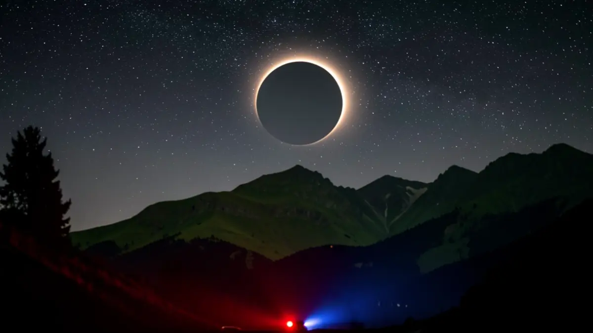 The faint light of a partial eclipse illuminates the dark silhouette of Basque mountains, with a red and blue emergency light beam cutting through the darkness from below.