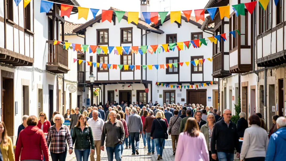 Generic image of a festive street scene with traditional Basque architecture.